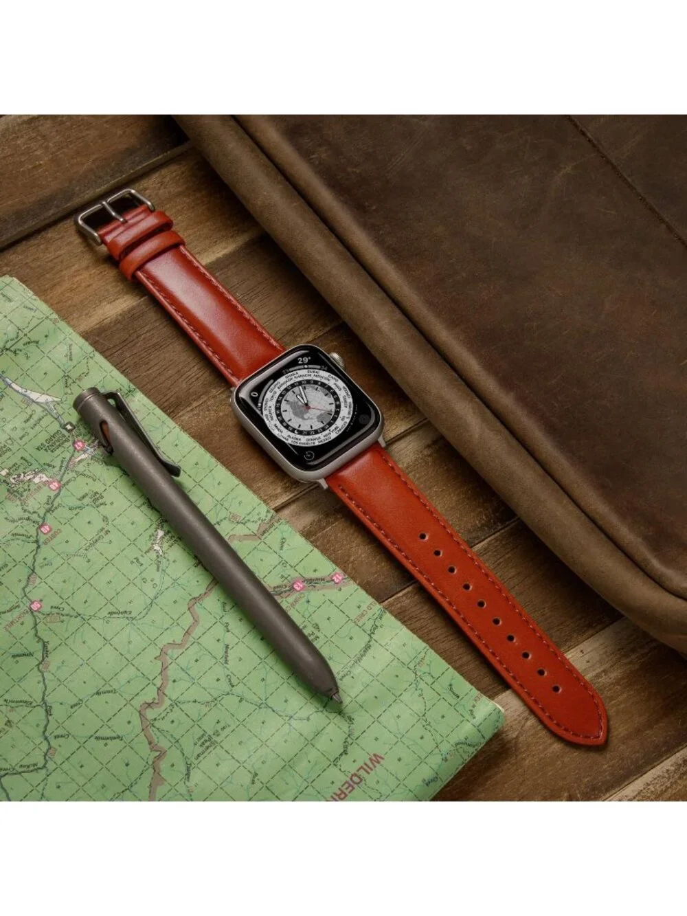 Men's Cognac/Matched Thread Matte Silver Hardware Leather Straps Apple Watch